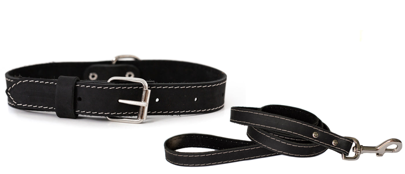 Euro Dog Collar and Leash Set Traditional Soft Leather Adjustable Buckle Dog Collar and Leash Made in USA